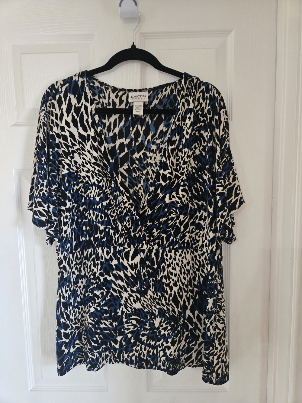 Chico's Blue Black and White Animal Print V-Neck Top